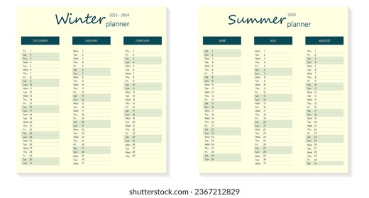 Minimal winter and summer planners sheet for December, January, February, June, July and August - Powered by Shutterstock