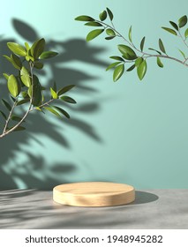 Minimal Wood Stage For Show Product On Cement Floor And Sunlight Plant Shadow On Mint Background 3d Render