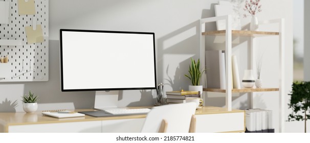 Minimal Working Space Interior Design With PC Desktop Computer Mockup On Wood Table, Chair, White Shelf And White Pegboard On The White Wall. 3d Rendering, 3d Illustration