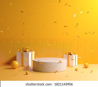 Minimal Yellow Concept Mockup Stone Podium With Gift Box And Ribbon Falling Background 3d Render