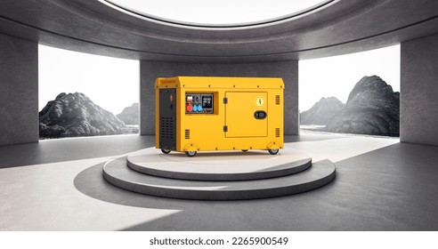 Arquitectura minimalista Interior con gran amarillo exterior Unidad de diesel de generación de energía eléctrica auxiliar para uso de emergencia sobre el podio de presentación de productos y montañas de cierre extremo. 3.ª representación 