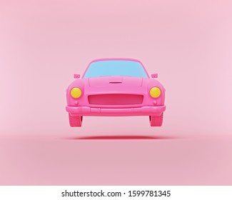 Minimalism Concept. Modern Pink Car Floats On Pastel Background. Front View. Cartoon Style. 3d Rendering