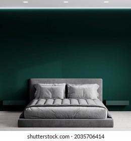 Minimalism design of the interior bedroom. Square view of a large gray velor bed with gray linens. Deep emerald green wall and two bedside tables. Light floor. 3d rendering