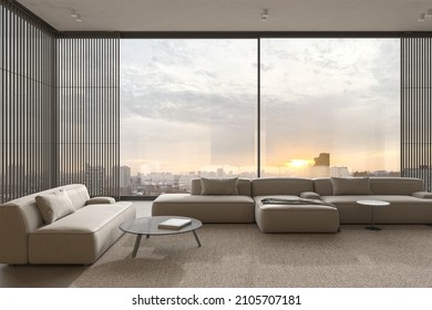 Minimalism Interior Design Livingroom. Lighting And Sunny Modern Apartment With Large Windows And View Sunset. 3d Render Illustration.