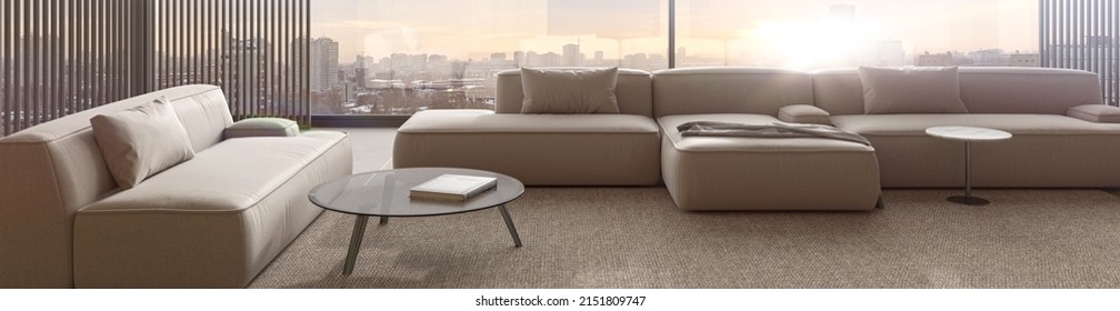 Minimalism Interior Design Livingroom. Lighting And Sunny Modern Apartment With Large Windows And View Sunset. 3d Render Illustration.