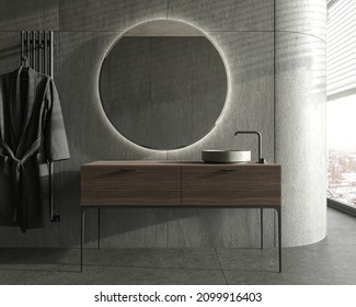 Minimalism Modern Dark Bathroom Interior Design With Round Mirror And Wood Bathtub. Front View. Stone Wall And Floor Tile. 3d Render Illustration.