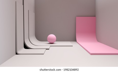 Minimalism modern design interior in perspective view with a pink sphere and some platforms. 3d render