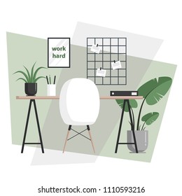 minimalism workplace set. chair, desk, table, plants, room. use for postcards, cards, wedding, wallpapers, textiles, scrapbooking, decoration, invitations, background, holiday. - Powered by Shutterstock