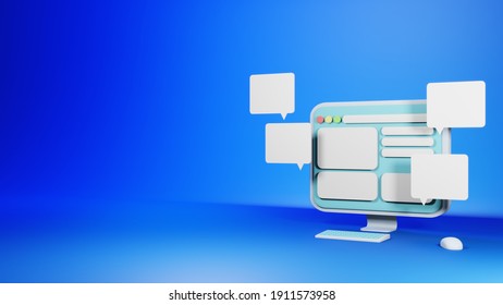 A minimalist 3D computer rendering with dialogue windows floating off the screen. 3D rendering