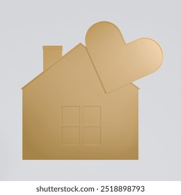 A minimalist 3D illustration of a golden house with a large golden heart superimposed on it. A timeless symbol of love, family and home sweet home. Perfect for use in real estate marketing materials. - Powered by Shutterstock