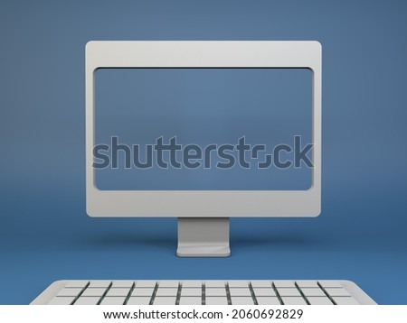 Minimalist 3D illustration render blank computer diplay with keyboard on blue background