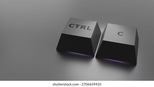 Minimalist 3D render of the CTRL and C keycaps on a dark, reflective surface with a subtle purple glow. Conceptual image representing duplication, efficiency, and content creation
