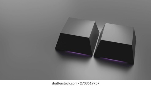 Minimalist 3D render of two dark, blank keycaps on a clean grey surface. A subtle purple light glows from beneath. Tech, abstract, modern, copy space