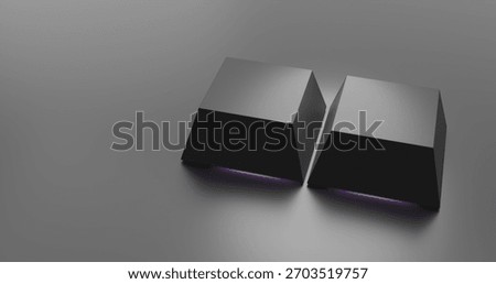 Minimalist 3D render of two dark, blank keycaps on a clean grey surface. A subtle purple light glows from beneath. Tech, abstract, modern, copy space