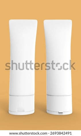 A minimalist 3D rendering featuring two identical white plastic cosmetic tubes side-by-side. These containers, typically used for products like lotion, cream, sunscreen or makeup.