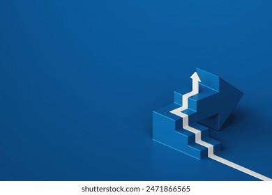 Minimalist 3D rendering of an upward arrow and stairs on blue background, representing success and achievement