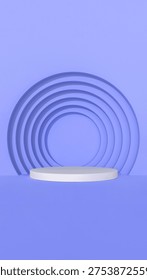 Minimalist 3d scene showcasing an empty white round podium with concentric circular arches in a vibrant very peri background