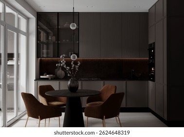 Minimalist 3d visualizations kitchen featuring a marble table top, clean lines and functional cabinetry. Neutral tones,  and refined decor create an elegant modern interior