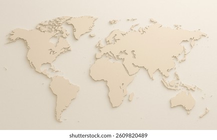 Minimalist 3D world map featuring beige continents on a textured off-white background, highlighting global geography with clean depth and clarity.