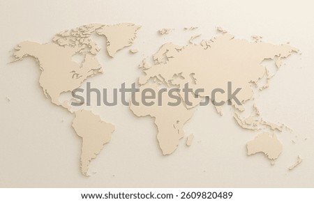Minimalist 3D world map featuring beige continents on a textured off-white background, highlighting global geography with clean depth and clarity.