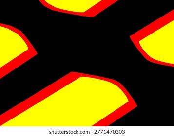 A minimalist abstract artwork using bold color blocking, combining black negative space with bright yellow shapes bordered by red accents