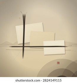 Minimalist abstract composition of intersecting black lines and layered white rectangular panels against a muted beige backdrop with a small red seal.