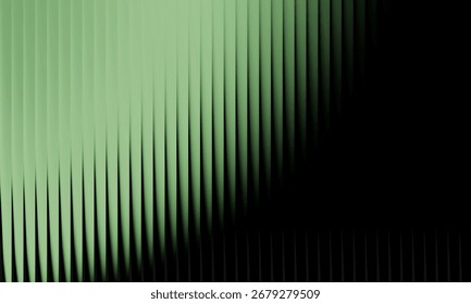 A minimalist abstract design composed of sharp, vertical green lines that transition from a bright, illuminated state to deep shadow against a stark black background, emphasizing form and contrast.