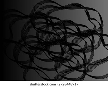 Minimalist abstract digital background featuring elegant flowing ribbons of fine black lines over a sophisticated dark grey and charcoal gradient. This professional composition creates a sense of structured movement and industrial elegance.