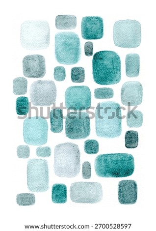 A minimalist abstract image consisting of a multitude of freely arranged shapes on a white background. The design consists of numerous rectangles and squares of varying sizes with soft, rounded corner