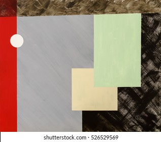 A minimalist abstract painting with rectangular blocks of color floating on a textured background.
