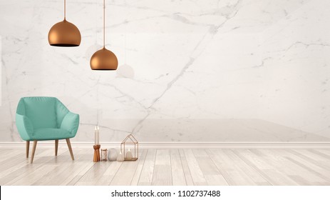 Minimalist architect designer concept background with marble wall, turquoise armchair, candles and decor on parquet flooring, living room interior design with copy space, 3d illustration