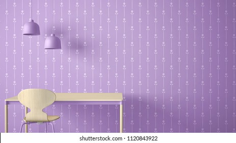 Minimalist Architect Designer Concept, Table Desk And Chair, Kitchen Or Office With Lamps On Floral Wallpaper Background, Violet Pastel Interior Design Idea With Copy Space, 3d Illustration