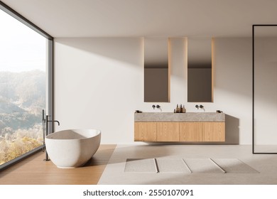 Minimalist bathroom interior featuring a freestanding bathtub, dual sink, wooden vanity, natural light, mountain view, modern design. 3D Rendering - Powered by Shutterstock