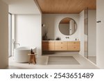 Minimalist bathroom interior with wood accents, round mirror, and freestanding tub on a calm background. Concept of modern design. 3D Rendering