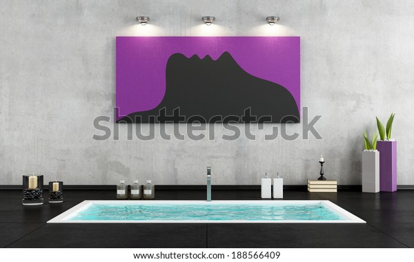 Minimalist\
bathroom with sunken bath in the concrete floor black- rendering-\
the art picture on wall is a my\
composition