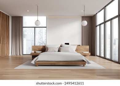 Minimalist bedroom featuring a wooden bed frame, large windows, and neutral decor. Modern interior design with hardwood floors. 3D Rendering - Powered by Shutterstock