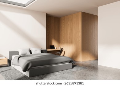 Minimalist bedroom interior with cozy gray bed, wooden walls, work desk, and skylight lighting, on concrete floor background. Concept of modern design. 3D Rendering
