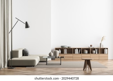 Minimalist Beige Living Room Interior With Empty Walls, L Sofa, Floor Lamp, Coffee Table, Stool, Curtains, Rug And Sideboard. Parquet. A Concept Of Modern House Design. 3d Rendering