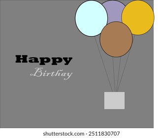 minimalist birthday card with four colorful balloons floating on the right side. The words "Happy Birthday" are written on the left in a mix of bold and script fonts, all set against a plain gray back - Powered by Shutterstock