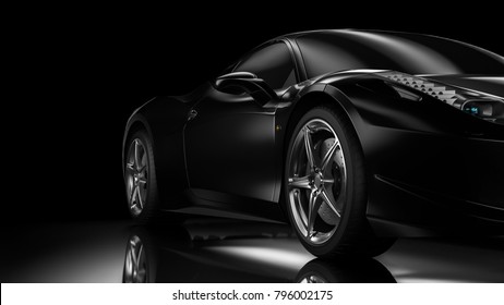 Minimalist black background with car silhouette on right side. 3d Illustration