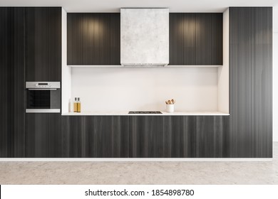 Minimalist Black Kitchen Set Front View In New Modern Apartment, Open Space Kitchen On Grey Marble Floor In Flat. 3D Rendering No People