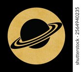 A minimalist black silhouette of Saturn on a golden background