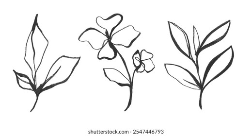 Minimalist black and white floral sketches. Simple floral designs with leaves and flowers. Elegant floral art with delicate lines and floral motifs. Element set isolated on white background. - Powered by Shutterstock