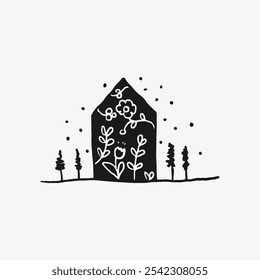 Minimalist black and white illustration of a house with floral designs isolated on white background. Simple house, floral art, and minimalist style create a charming, artistic vibe. - Powered by Shutterstock