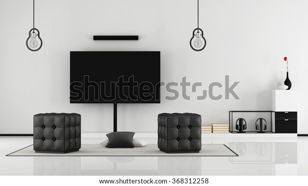 Minimalist black and white lounge with tv\
set,sideboard and hassock-3D\
Rendering