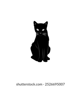 A minimalist black-and-white illustration of a black cat sitting with a calm yet focused expression, symbolizing mystery, independence, and elegance. - Powered by Shutterstock