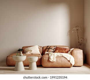 Minimalist Boho Home Interior Background With Sofa And Coffee Tables, Living Room In Beige Color, 3d Render