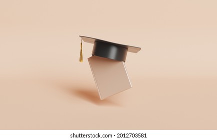 Minimalist Book Floating In The Air With Graduation Hat On Top. 3d Render