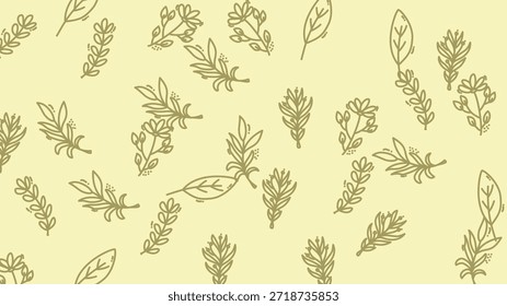A minimalist botanical pattern featuring delicate leaves and branches in a soft, muted green against a pale yellow background, creating a serene and natural aesthetic.