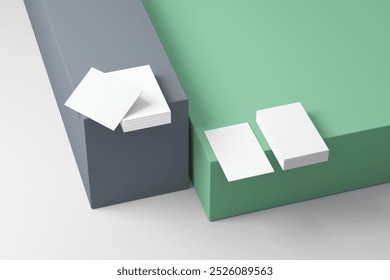 Minimalist business card mockup on geometric grey and green surfaces with clean layout for modern branding presentation

 - Powered by Shutterstock